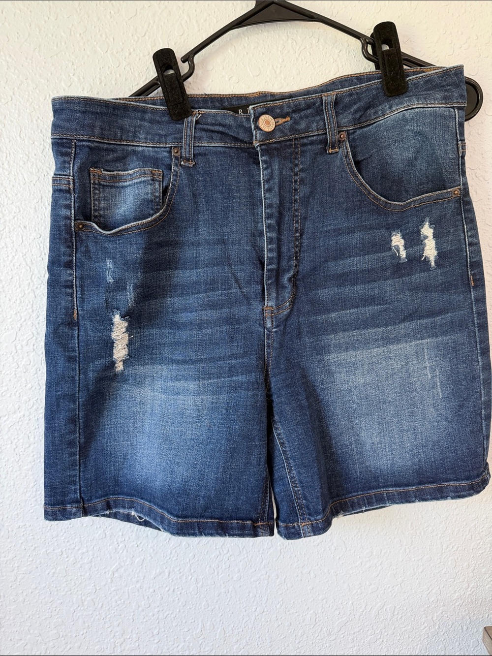 Distressed Mid-Rise Denim Jean Shorts - Dark Blue